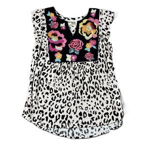 Savanna Jane Women Embroidered Boho Top Animal Print Ruffle Sleeve Small L105